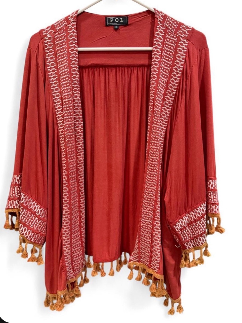 POL Rust Red Open-Front Tassel Knit Shrug with Ivory Trim